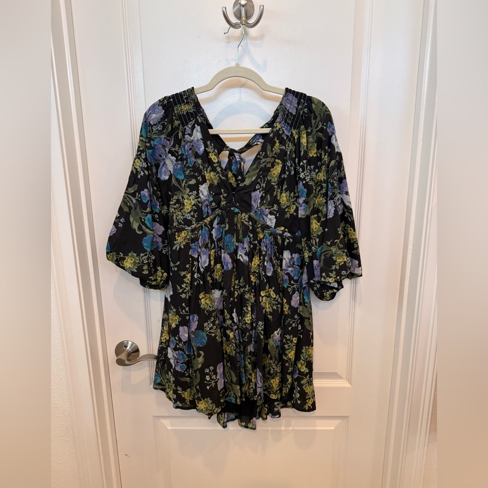 Free people V-Neck/ open back Dress - Black with Purple & Green Floral New